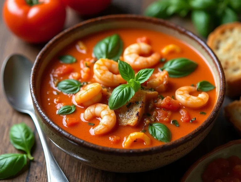 A bowl of creamy tomato basil soup, topped with succulent seafood, offering a rich, velvety texture with a burst of fresh basil.