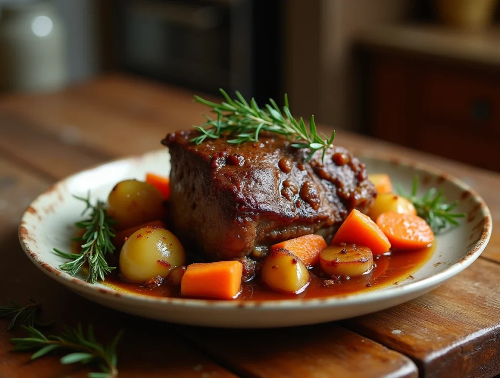 A hearty and flavorful Italian pot roast (Stracotto) slow-cooked to perfection, served with tender root vegetables, carrots, and potatoes.