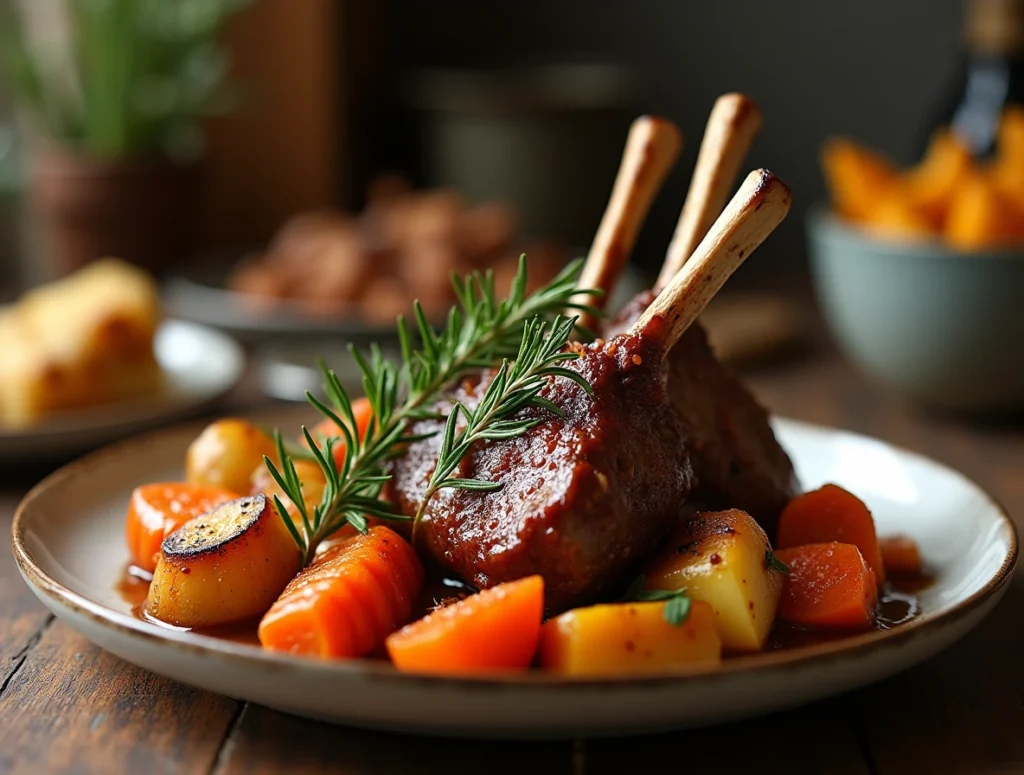 A mouthwatering image of tender, savory baked lamb shanks served with a rich herb gravy. The lamb shanks are perfectly cooked to a golden-brown finish, showcasing their tender, juicy texture.