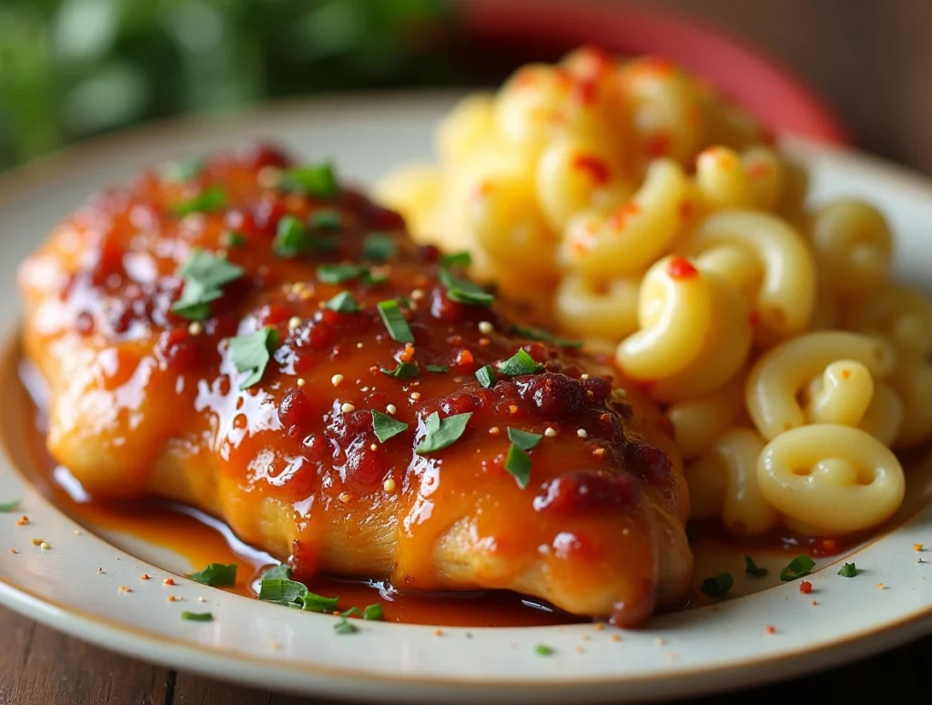 Sweet and Spicy Honey Pepper Chicken with Creamy Macaroni Cheese – A perfect balance of sweet, spicy, and creamy in every bite.