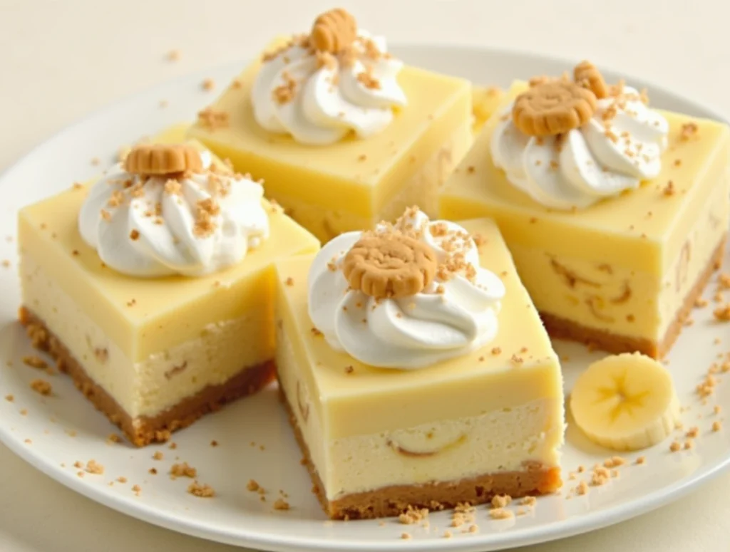 A delicious tray of No-Bake Banana Pudding Cheesecake Squares, featuring a creamy cheesecake filling, a buttery graham cracker crust, and fresh banana slices. Topped with fluffy whipped cream and garnished with additional banana slices, these squares are the perfect dessert for any occasion. Enjoy a sweet, no-bake treat that's simple to make and loved by all!