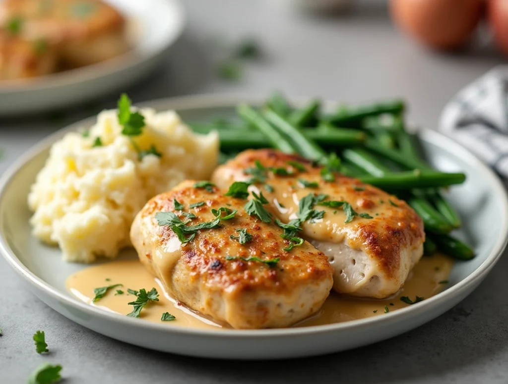 Golden, crispy chicken thighs simmered in a velvety garlic cream sauce, creating the perfect comfort food meal.