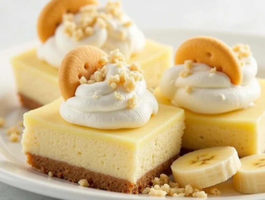 A delicious tray of No-Bake Banana Pudding Cheesecake Squares, featuring a creamy cheesecake filling, a buttery graham cracker crust, and fresh banana slices. Topped with fluffy whipped cream and garnished with additional banana slices, these squares are the perfect dessert for any occasion. Enjoy a sweet, no-bake treat that's simple to make and loved by all!