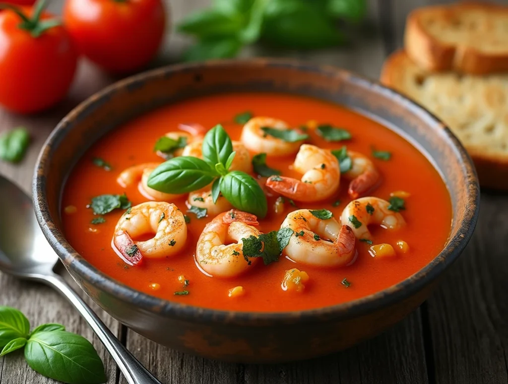 A bowl of creamy tomato basil soup, topped with succulent seafood, offering a rich, velvety texture with a burst of fresh basil. 