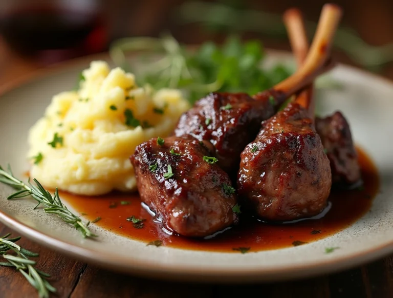 Tender red wine braised lamb served with creamy garlic mashed potatoes. This hearty and flavorful dish is the ultimate comfort food, perfect for special occasions or cozy dinners.