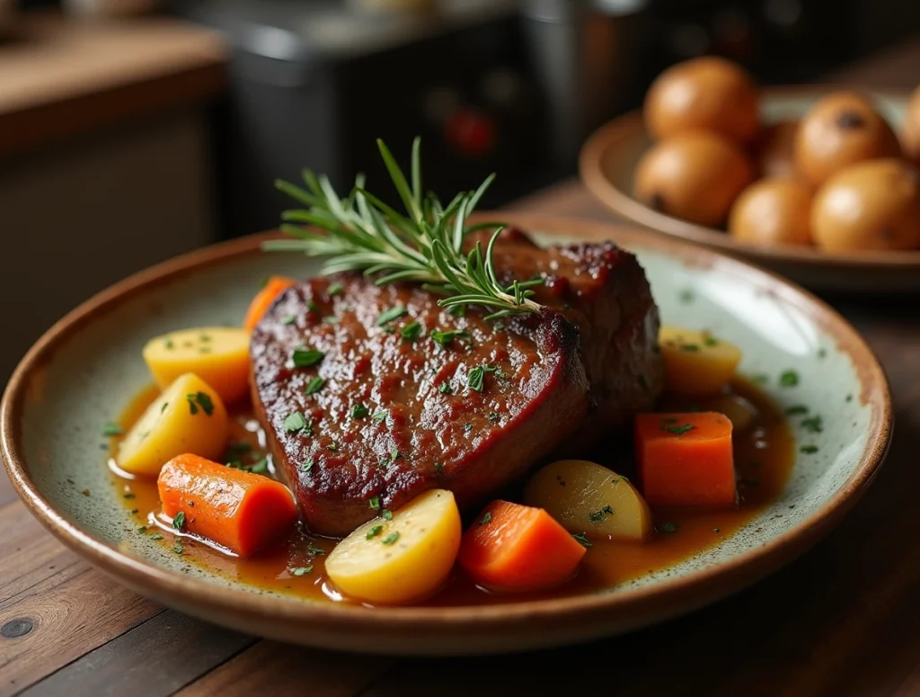 A hearty and flavorful Italian pot roast (Stracotto) slow-cooked to perfection, served with tender root vegetables, carrots, and potatoes. The rich, savory braising liquid and melt-in-your-mouth beef make this dish a comforting classic, perfect for family dinners and special occasions.