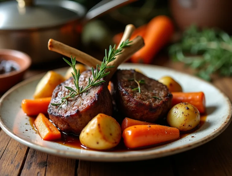 A mouthwatering image of tender, savory baked lamb shanks served with a rich herb gravy.