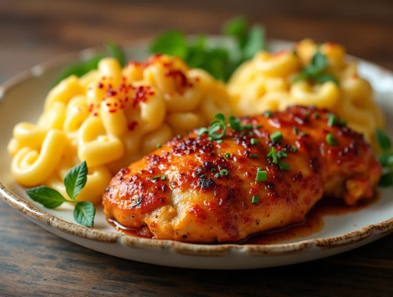 Sweet and Spicy Honey Pepper Chicken with Creamy Macaroni Cheese – A perfect balance of sweet, spicy, and creamy in every bite.